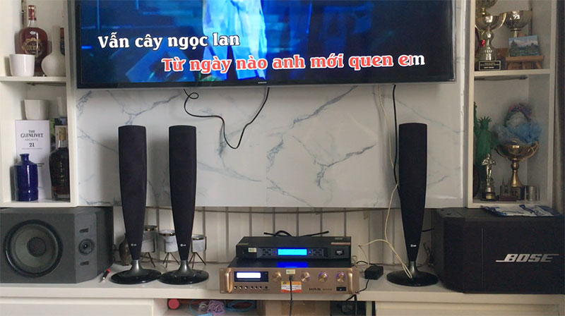 Bộ karaoke gia đình chị Hương với đôi loa Bose 301 seri IV hàng bãi được đặt gọn trên kệ gỗ